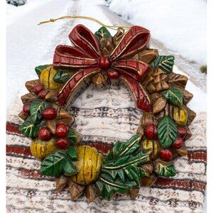 Vintage Christmas Wreath Tree Ornament Rustic with Bow & Berries